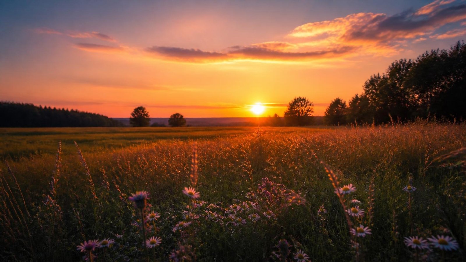 End of summer sunset over a calm field, symbolizing the change of season