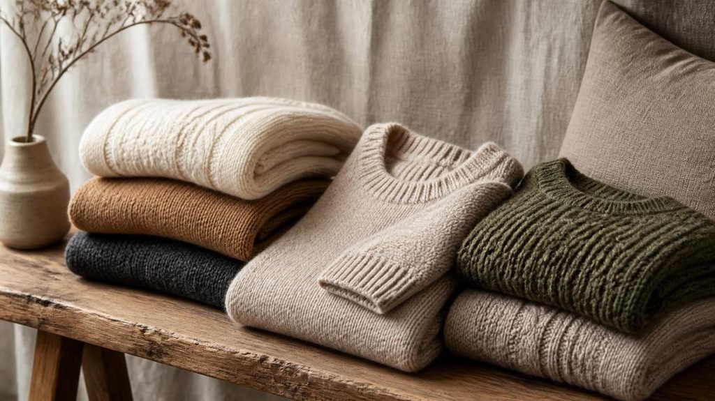Neutral-coloured knitwear collection featuring cream, beige, grey, and camel sweaters for a versatile wardrobe.