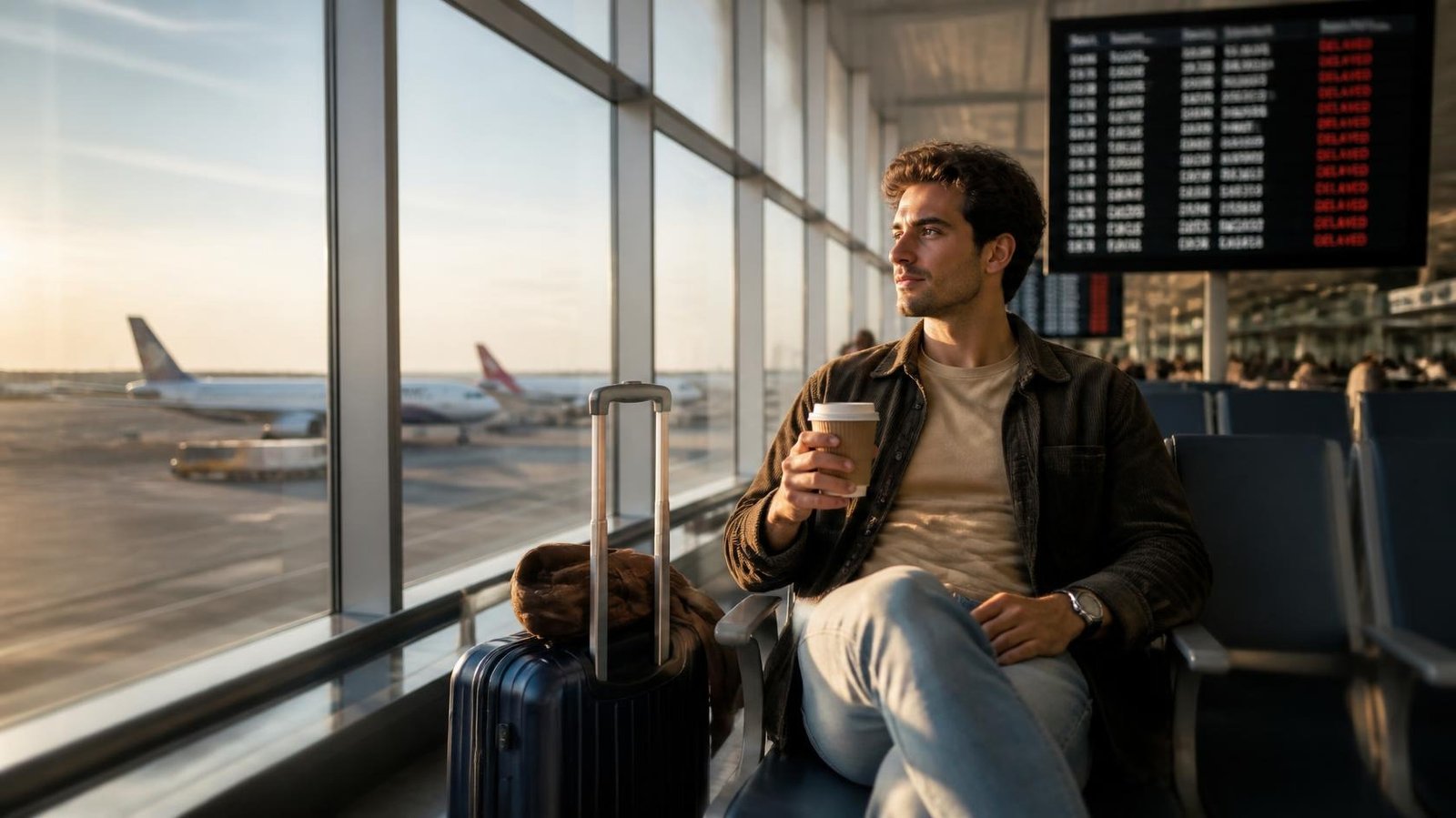 Airport delays — traveller relaxing calmly in a bright terminal while waiting for a flight