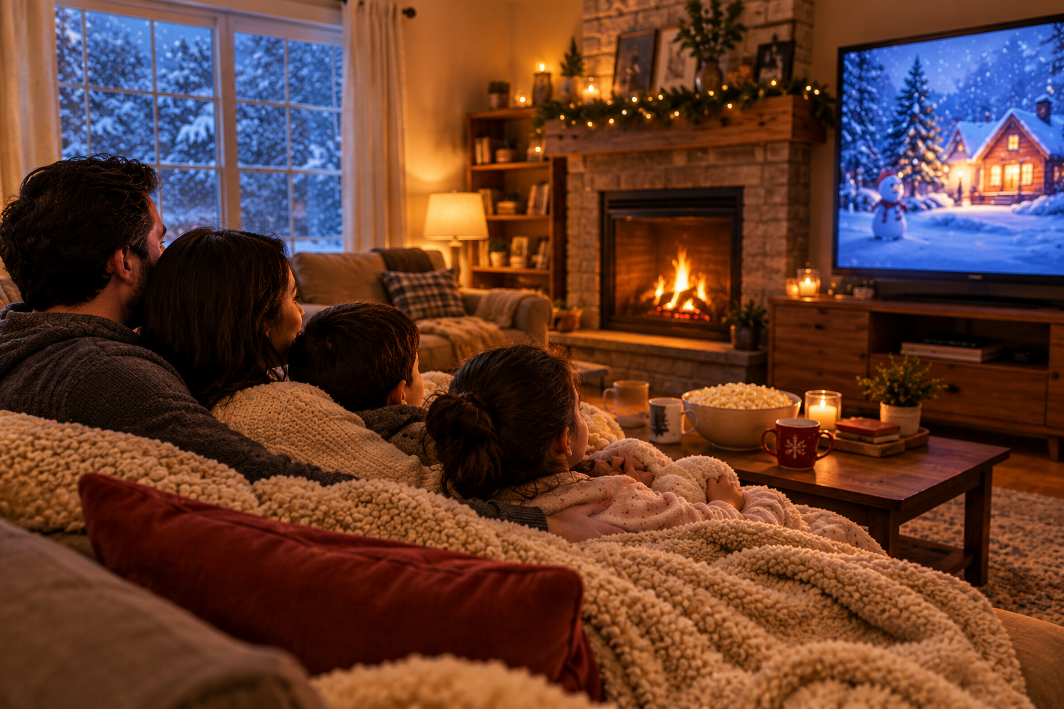 Cozy winter nights living room with a soft blanket, warm lighting, hot chocolate, popcorn, and a TV for a relaxing movie night.