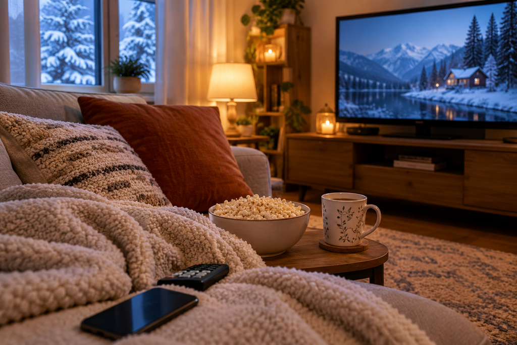 Cozy winter nights living room with a soft blanket, warm lighting, hot chocolate, popcorn, and a TV for a relaxing movie night.
