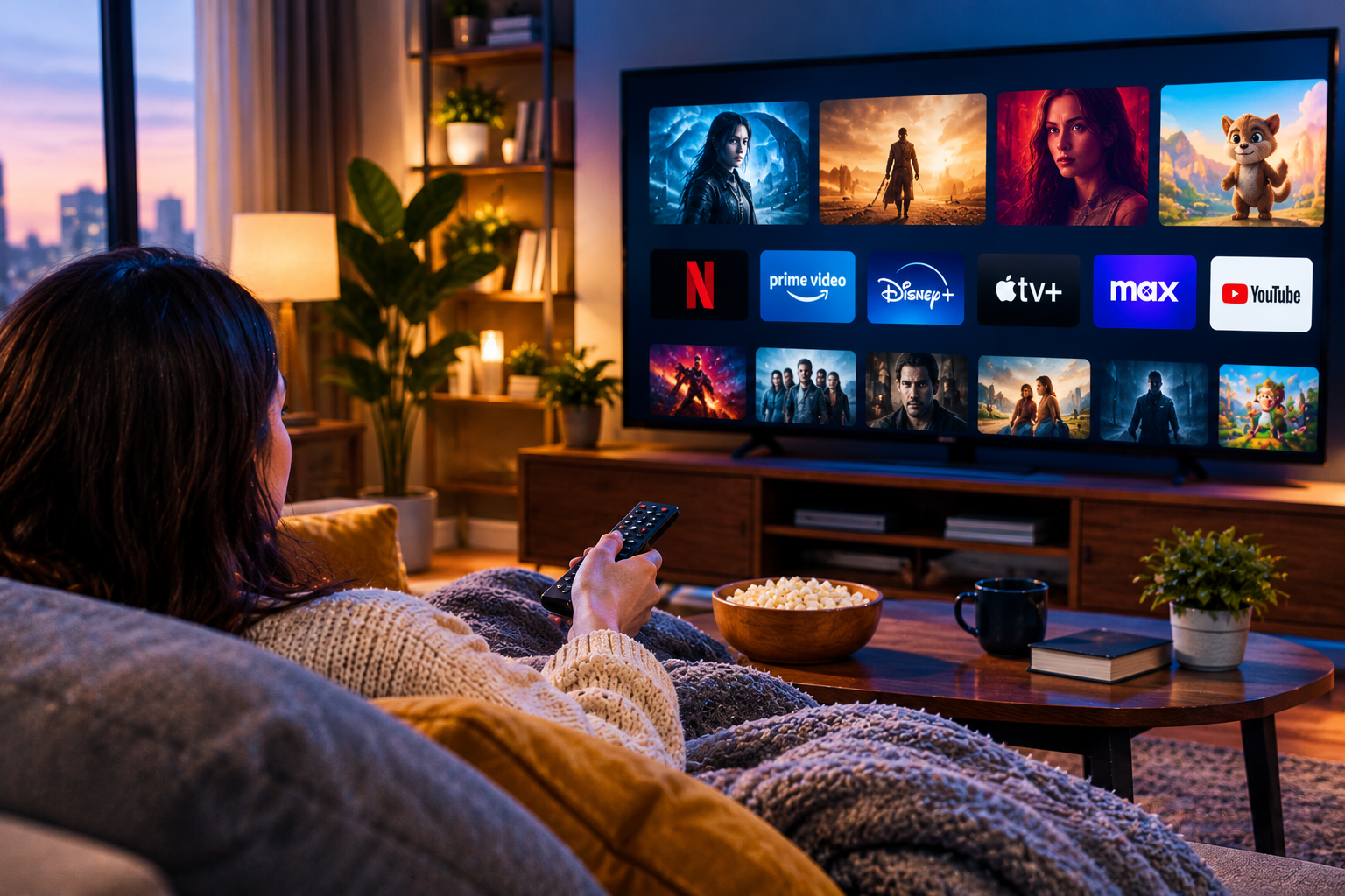 Person watching streaming digital entertainment at home on a TV with popular shows and digital platforms