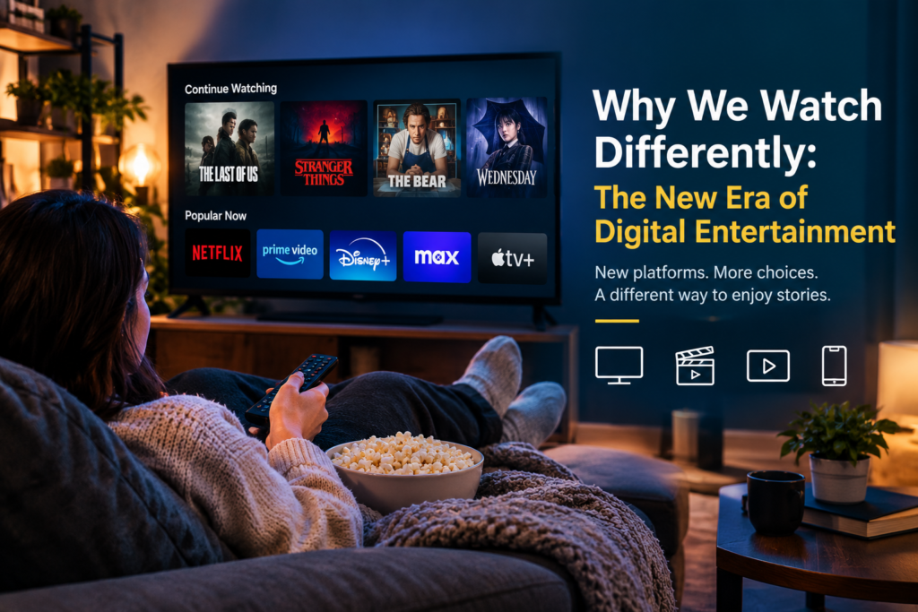 Person watching streaming digital entertainment at home on a TV with popular shows and digital platforms