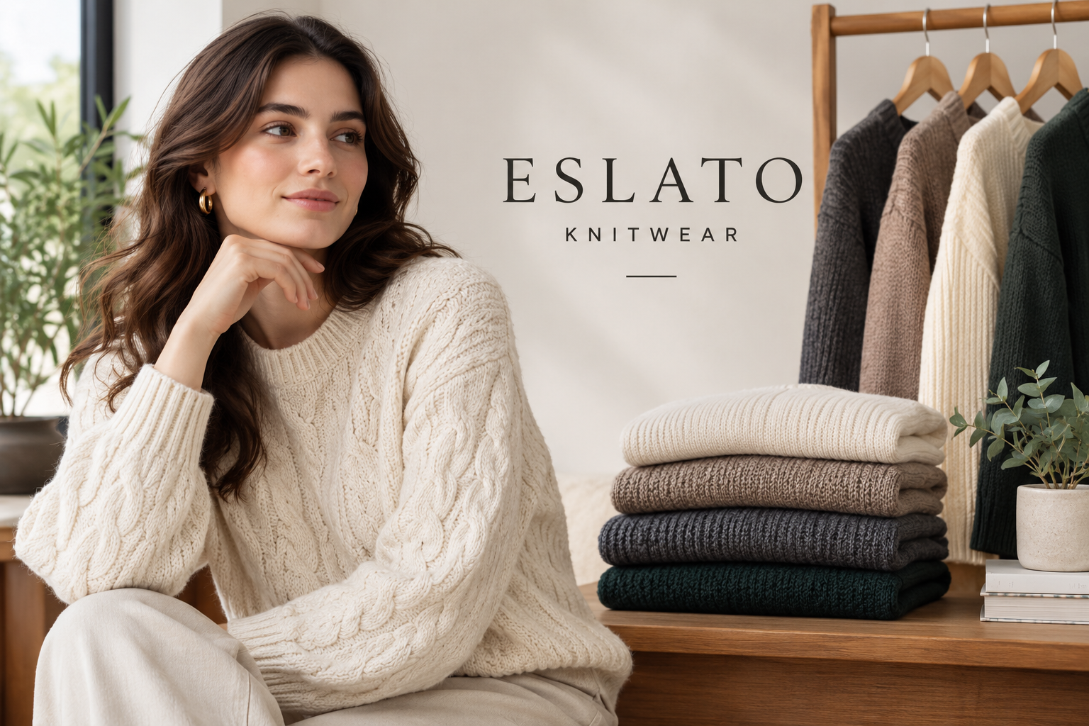 Eslato Knitwear featuring a cream cable-knit sweater and elegant wool sweaters in neutral colours.