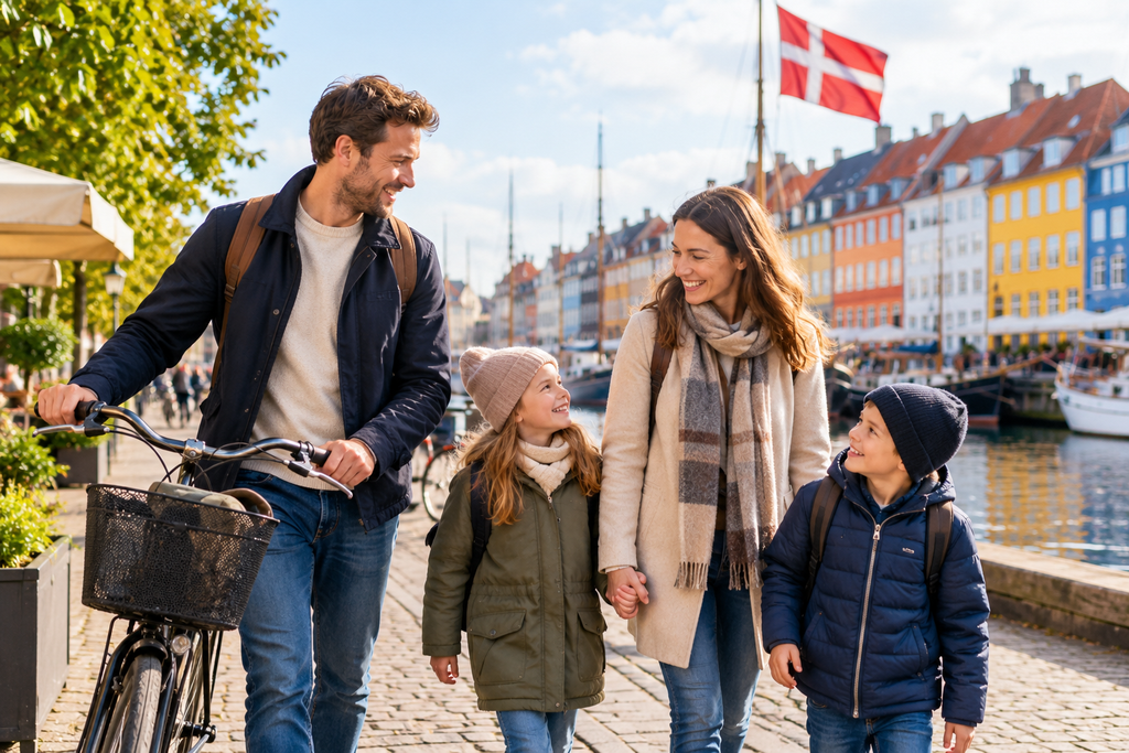 Family enjoying everyday life in Denmark beside a Copenhagen canal with colorful waterfront buildings and bicycles