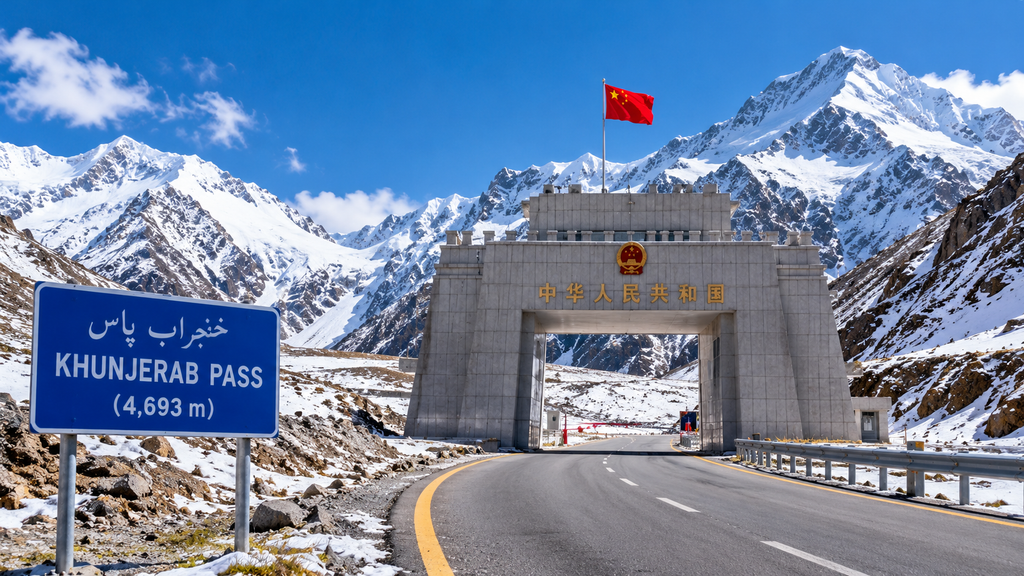 Khunjerab Pass in northern Pakistan with snow-covered mountains, a scenic highway, and the border gate.