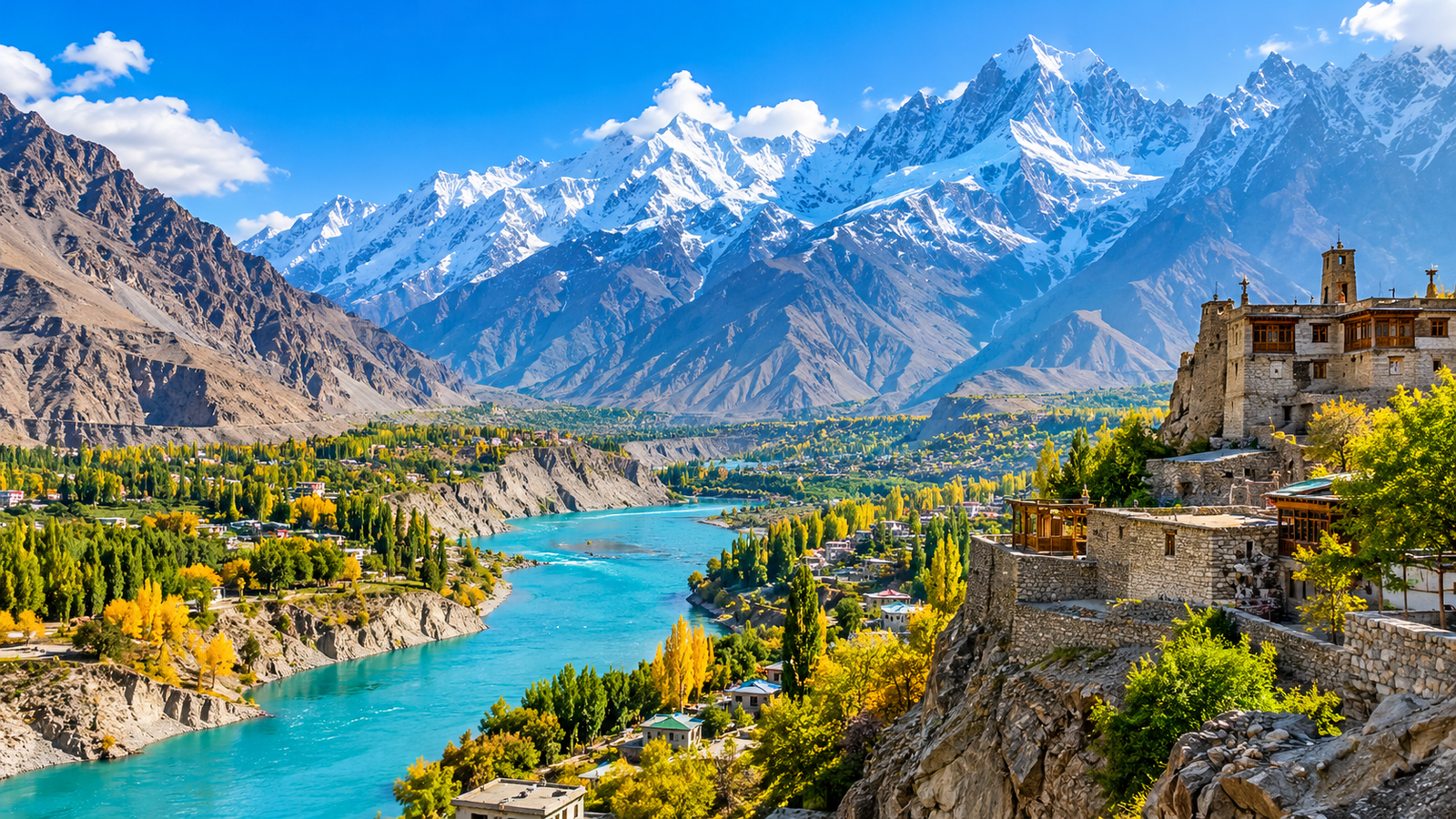 Scenic Hunza Valley in northern Pakistan with turquoise river, historic buildings, autumn trees, and snow-capped mountains.