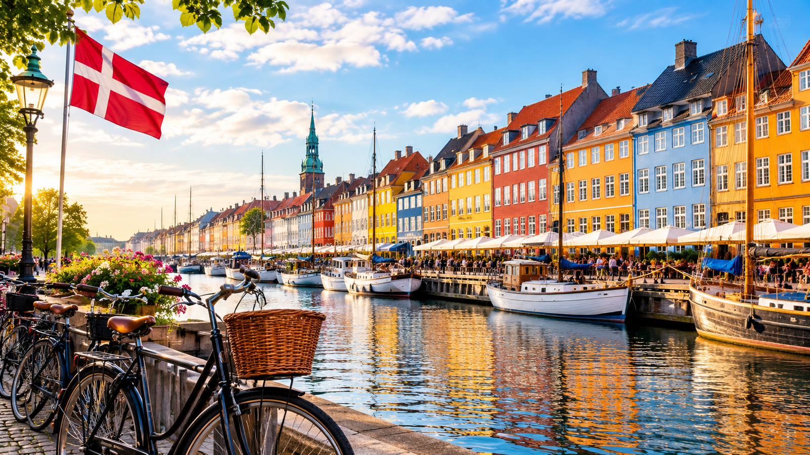 Copenhagen waterfront in Denmark with colorful buildings, bicycles, boats, and the Danish flag
